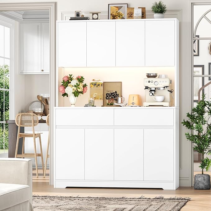 FINETONES 71" Tall Pantry Cabinet with LED Lights and Charging Station, 47.2" Wide Kitchen Pantry Storage Cabinet Kitchen Hutch with Microwave Stand, Tall Storage Cabinet for Living Room, White