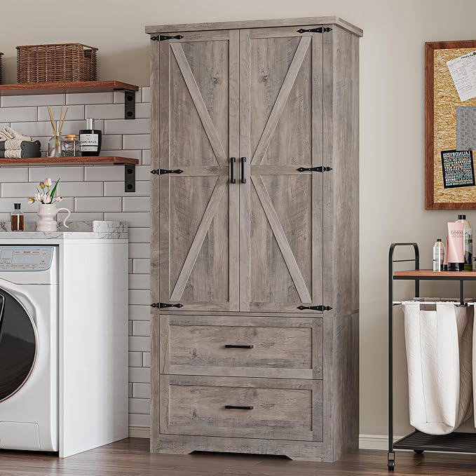 Pantry Organizers and Storage Cabinet, 71??Barn Door White Kitchen Cabinet with Drawers and Adjustable Shelf, Tall Pantry for Kitchen, Dining Room, Living Room. Bathroom and Office