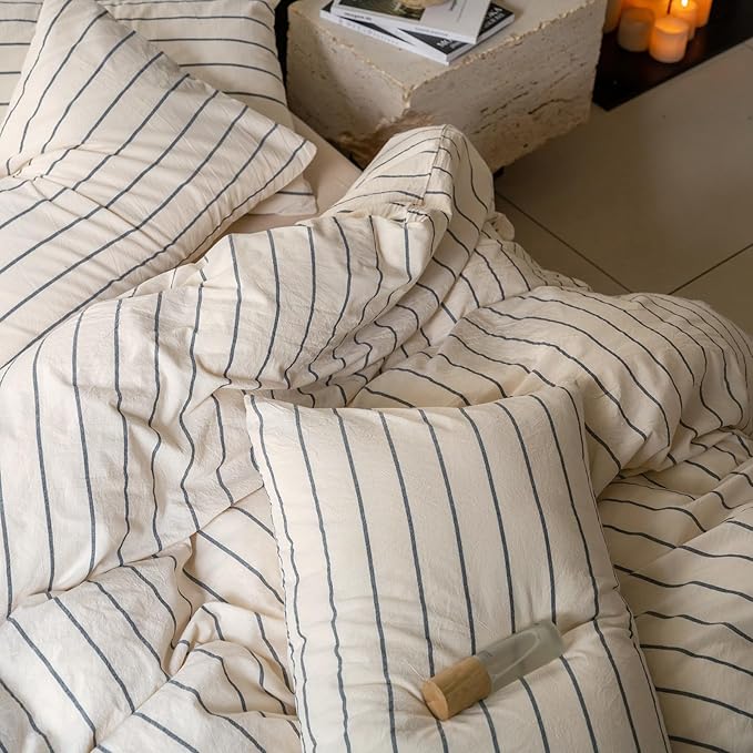 LifeTB Striped Comforter Set Full Size Grey Stripes Pattern Printed Comforter 3 Pieces Lightweight Boho Bedding Comforter Set for All Seasons Breathable Soft Fluffy Beige Comforter with 2 Pillowcases