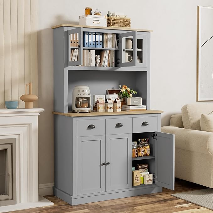 71" Kitchen Hutch with Charging Station, Tall Pantry Storage Cabinet with Microwave Stand, Adjustable Shelves, Slide Drawers, Large Buffet Pantry Cabinet for Kitchen, Dining Room, Grey