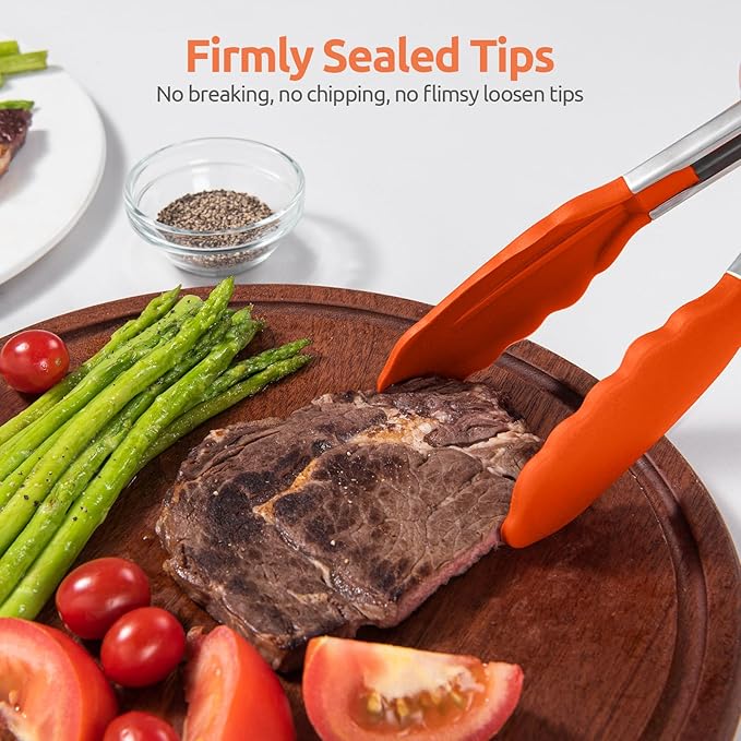 600쨘F Heat Resistant Kitchen Tong: U-Taste 7 inch Silicone Cooking Tong with Firm Sealed Non Stick Rubber Tips & Silicon Coated 18/8 Stainless Steel Handle & Smooth Locking for Serving Salad (Orange)