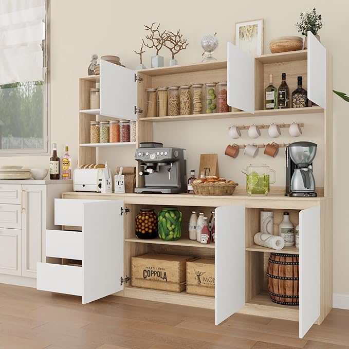 Large Kitchen Hutch Cabinet with Microwave Stand, Storage Cupboard Pantry with 3-Tier External Shelves and 3 Drawers, Ktichen Food Pantry with Open Countertop for Dining Room, White + Walnut