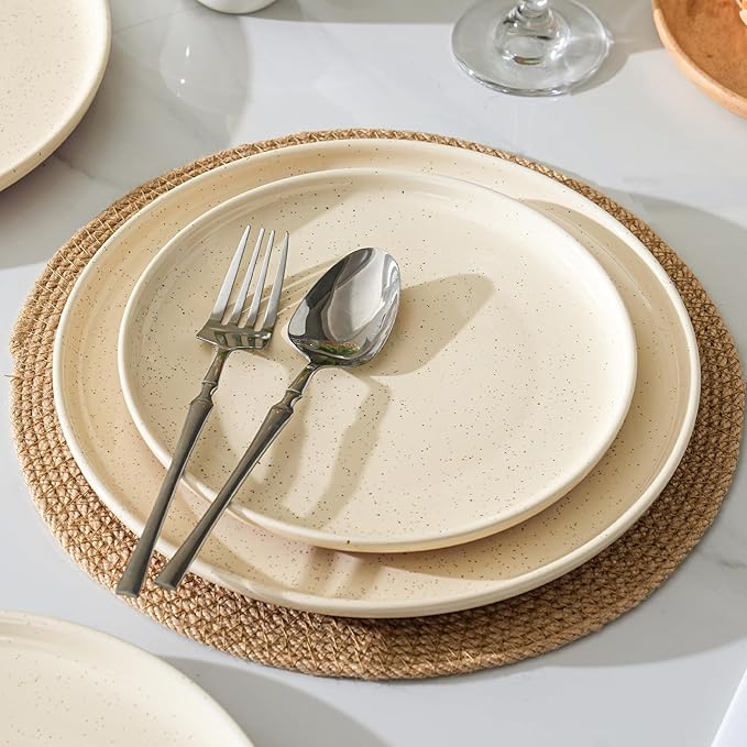 GZG Ceramic Dinner Plates Set of 4, 10.25 Inch Speckled Stoneware Plates with Clay-Tone Base, Large Ceramic Plates for Steak, Salad, Pizza, Microwave Oven Dishwasher Safe