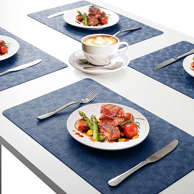 Uolr Vinyl Placemats Set of 8 Faux Leather 100% Waterproof Wipeable Washable Place Mats Heat Resistant Easy Clean Non-Slip Table Mats for Indoor Outdoor. (8,Blue)