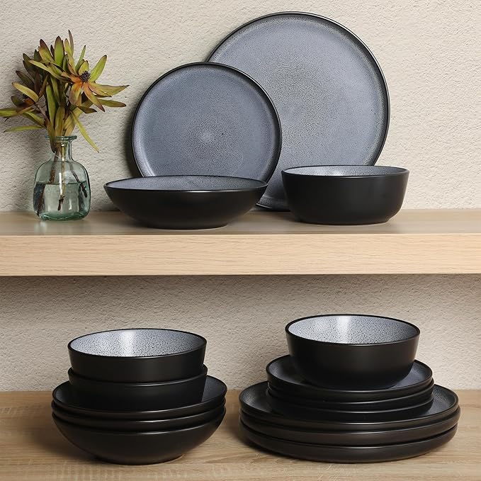 Gibson Elite Tribeca Loft 16-Piece Dinnerware Set ??Matte Black and Blue Reactive Glaze Stoneware, Double Bowl Round Plates and Bowls ??Modern Rustic Dinnerware for 4, Dishwasher & Microwave Safe