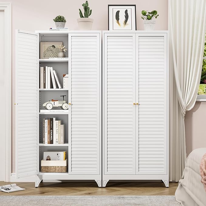 75" Kitchen Pantry Cabinet, White Metal Storage Cabinet with Doors and 4 Adjustable Shelves, Tall Metal Pantry Cabinets, Large Cupboard for Kitchen, Dining Living Room, Bathroom, Office