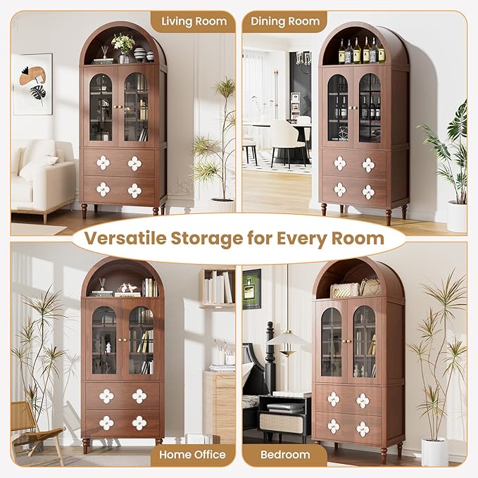 MOPHOTO Arched Cabinet, 71 in Arched Cabinet with Glass Doors, Modern Versatile Pantry Storage Cabinet with 2 Large Drawers for Living Room, Kitchen, Dining Room