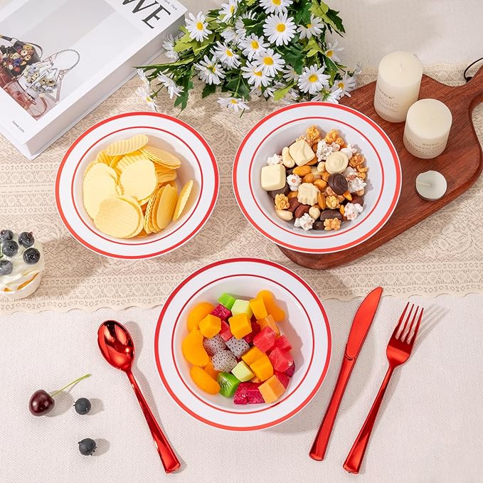 Goodluck 100 Pack Plastic Bowls with Red Rim, 12oz Disposable Soup Bowls, Heavy Duty Dessert Bowls for Weddings, Parties, Christmas Dinners, Catering, Thanksgiving and Everyday Use