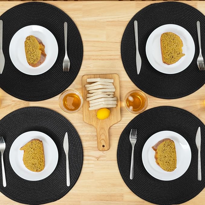 Winknowl Round Braided Placemats Set of 8 Washable Woven Heat Resistant Table Mats for Kitchen Dining Tables 15 inch Round Place Mats (Black,8pcs)