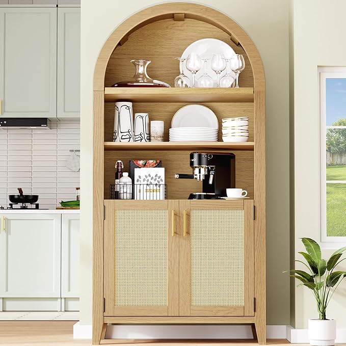 Arched Kitchen Pantry for, 63" Tall Wooden Entryway Storage Cabinet with 2 Doors & 5 Tier Adjustable Shelves, Versatile Farmhouse Hallway Organizer for Entryway, Bedroom, Dining Room