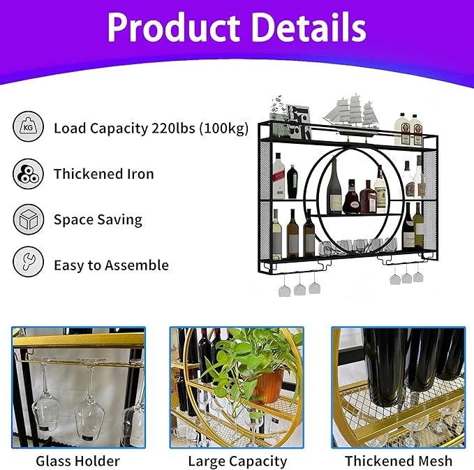 55 Inch Metal Wall Mounted Wine Rack, 3-Tier Bar Shelf with Glass Holder, Modern Large Capacity Liquor Bottle Display Shelf for Home Bar, Dining Room & Kitchen, Gold