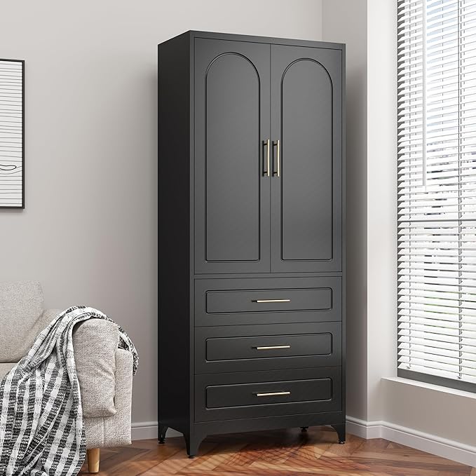 75??Tall Kitchen Pantry Cabinet,Metal Storage Cabinets with Doors and Adjustable Shelves,Modern Kitchen Hutch Cabinet,Freestanding Cupboard for Dining Room
