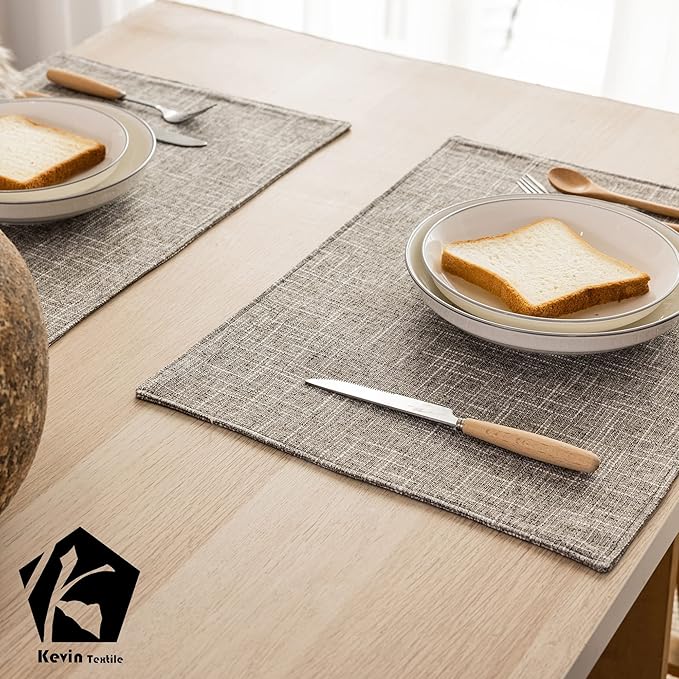 Kevin Textile Placemats, Set of 4 Heat-Resistant Placemats for Kitchen Table, Washable Durable Linen Table Mats Woven Placemats (4 Pcs, 13"x19", Sesame Grey)
