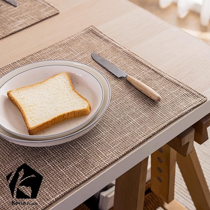 Kevin Textile Burlap Linen Placemats Set of 6 Heat Resistant Dining Table Place Mats Washable Kitchen Table Mats for Dinning Party Holiday Indoor Outdoor, 13 x19 inches, Natural Linen