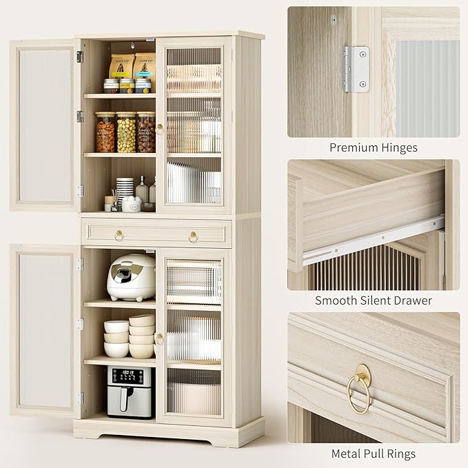 Kitchen Pantry Cabinet with Arcylic Doors and Adjustable Shelves - 72" Tall Storage Cabinet Freestanding Cupboard with Drawer, Food Pantry Cabinet, Wood Storage Cabinets for Dining Room, White