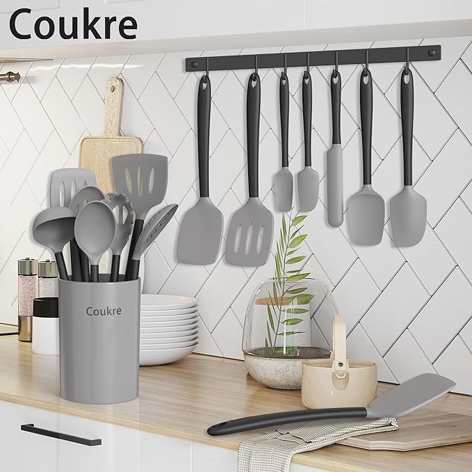 Coukre Silicone Kitchen Cooking Utensils Set with Holder ??Heat-Resistant, Food-Grade Kitchen Tools, Spatula, Spoon & Gadgets for Non-Stick Pans, Dishwasher Safe (14, Gray)