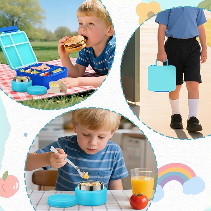 Aimsnk Kids Bento Lunch Box with 8oz Soup Thermo, Kids Leakproof Lunch Food Containers with 4 Compartment,Insulated Hot Food Jar with Lunch Bag for School, Travel (Blue-No lunch bag)