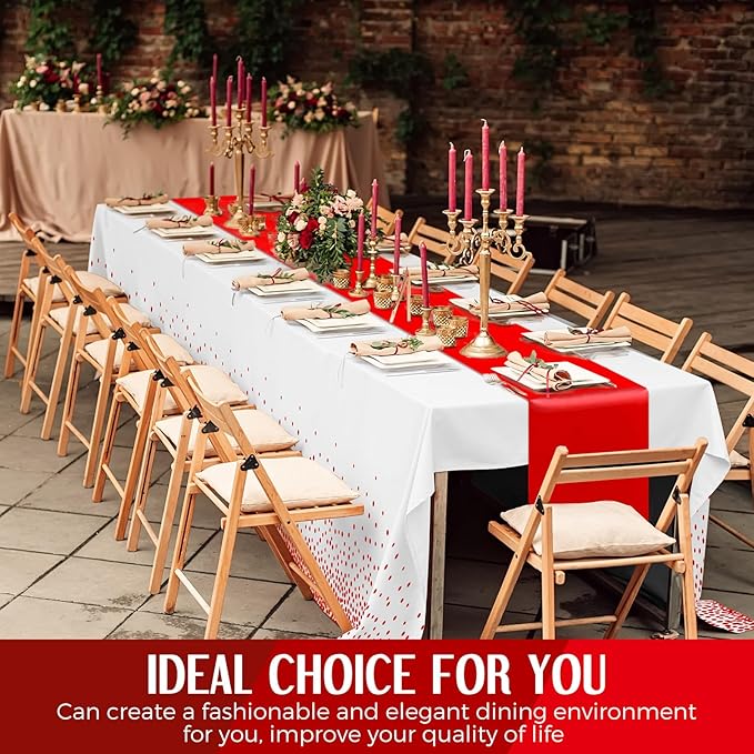 Tudomro 16 Pcs White and Red Disposable Plastic Tablecloths and Satin Table Runner Set 54x108 Inch Tablecloth 12x108 Inch Table Runners for New Year Wedding Birthday Baby Shower Graduation