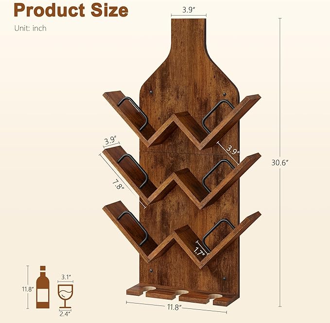 Hoctieon Wine Rack Wall Mounted, 6 Bottles Wood Wine Rack for Display and Storage, Hanging Bottle Holder Bar Shelves for Living Room, Kitchen, Dining Room, Wine Cellar, Rustic Brown