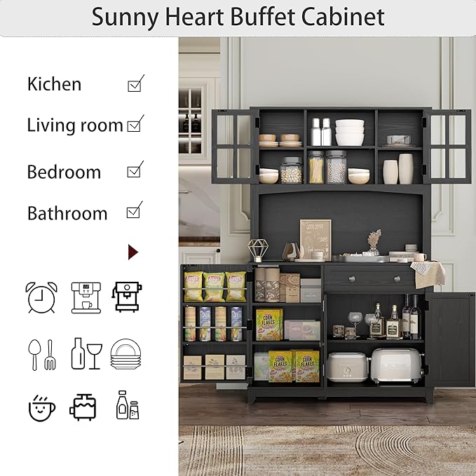 68" Pantry Cabinet with Charging Station, Kitchen Pantry Storage Cabinet with Microwave Stand, Kitchen Hutch Cabinet with Storage Drawers, Food Pantry Cabinets with Countertop for Dining Room(Black)
