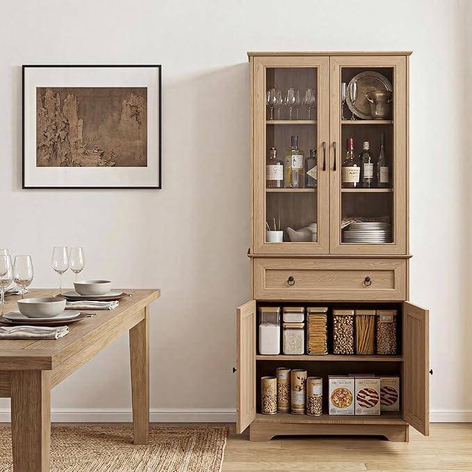 Set of 2 72" Tall Kitchen Pantry Storage Cabinets with Glass Doors and Drawer, Farmhouse Cupboards with Adjustable Shelves, Freestanding Food Pantries for Kitchen, Dining Room, Natural