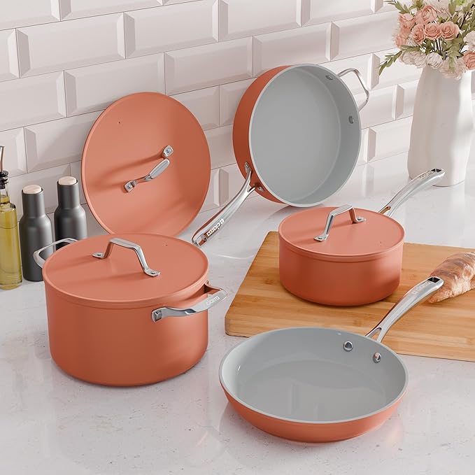 CIARRA Non Stick Frying Pan (10.2") & Ceramic Sauce Pan (3qt) - Non Toxic, PTFE & PFOA Free - Oven Safe & Compatible with All Stovetops, Orange