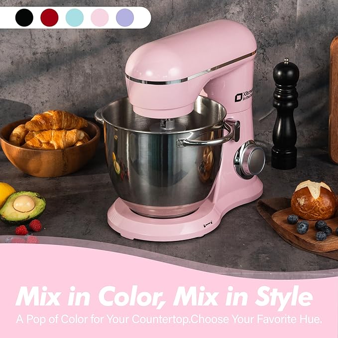 Kitchen in the box Stand Mixer, 6.5QT Electric Food Mixer, 10 Speeds 3-IN-1 Kitchen Mixer for Daily Use with Egg Whisk,Dough Hook,Flat Beater (Pink, 6.5QT)
