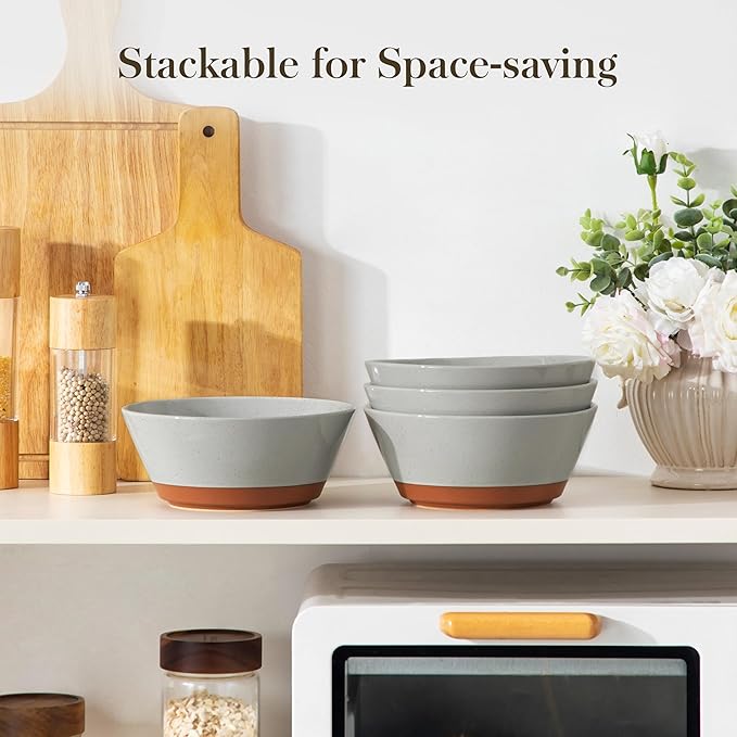 MALACASA Soup Bowls, Ceramic Salad Bowls Set of 4, 35oz Ceramic Bowls for Ramen, Cereal, Fruit and Pho, Microwave & Dishwasher Safe, Speckled Deep Bowls, Grey & Brown