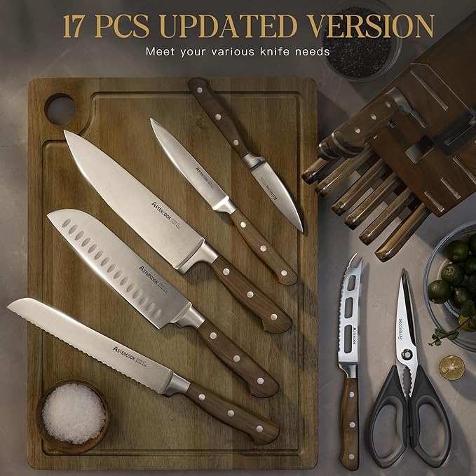 Astercook 17-Piece Forged Knife Set with Block | Full Tang Professional Kitchen Knives in Stainless Steel with Triple-Rivet Ergonomic Handles & Gift-Ready Collection