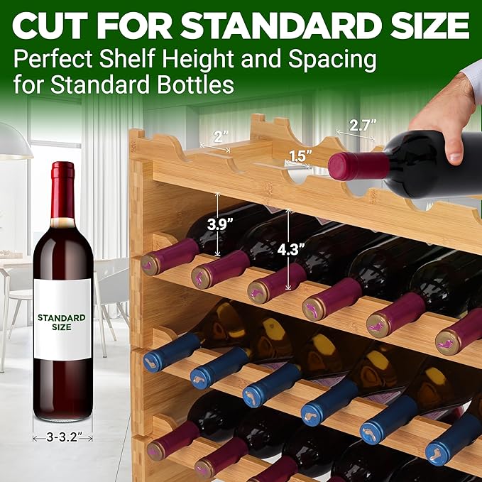 NutriChef 108 Bottle Wine Rack Stackable Bamboo Freestanding, 12 Tier Modular Shelf, Sturdy Wobble Free Upgraded 2026 Design, Easy No-Tool Assembly for Kitchen Cellar or Bar Storage 33.5" x 10" x 63”