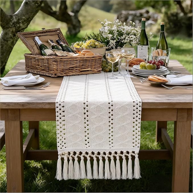 Socomi Boho Table Runner Macrame Valentine's Day Farmhouse Woven Cotton Linen Rustic Coffee Table Runner with Tassels for Dresser Scarf Home Decor Dining Room 12x90 inch Beige