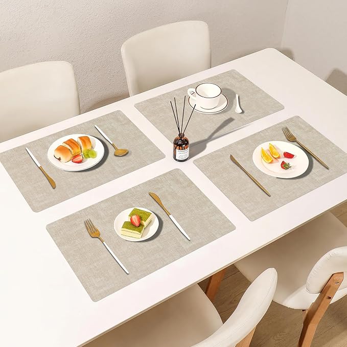 Boobezeen Faux Leather Placemats Set of 6, Heat Resistant Wipeable Washable Vinyl Place Mats, Waterproof Anti-Slip Dining Table Mats, Suitable for Indoor & Outdoor Use (Beige)