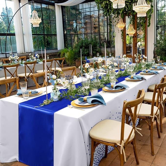 Tudomro 16 Pcs White and Royal Blue Disposable Plastic Tablecloths and Satin Table Runner Set 54x108 Inch Tablecloth 12x108 Inch Table Runners for New Year Wedding Birthday Baby Shower Graduation