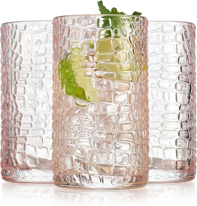 Glaver's Highball Glasses Set of 4 Pink Drinking Glasses, 15 Ounce Crackle Textured Newly Designed Patent Design Glassware Elegant Heavy Duty Drinkware Set, Home Bar Kitchen Water Juice Cocktails