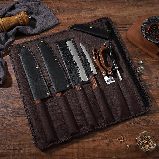 Huusk Japanese Knife Set 6pcs with Covers - Professional Chef Knife Set with Bag & Sharpener, High Carbon Steel Forged Knives Sets with Scissors, Japanese Kitchen Knives Sets, Christmas Gifts for Men