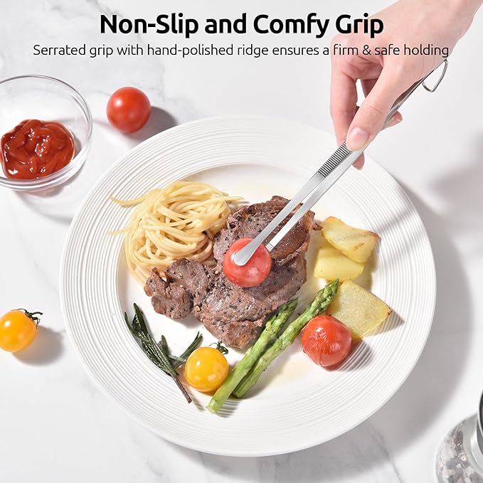 U-Taste 8in Kitchen Plating Tweezer: 18/8 Stainless Steel Food-Grade Metal Food Tong, Seamless-Welding, Sturdy and Flexible with Non-slip Tips for Serving, Decorating, Cooking, Baking (Round Tip)