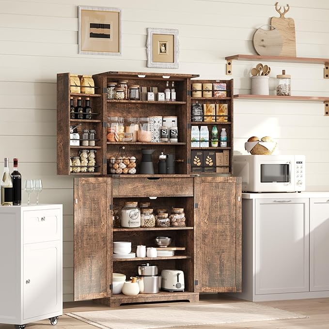 COSIEST 72'' Kitchen Pantry Cabinet, Tall Storage Cabinet with Organizer, Drawer and Adjustable Shelves, Freestanding Cupboard, Storage Cabinets for Kitchen, Dining Room, Bathroom, Rustic Brown