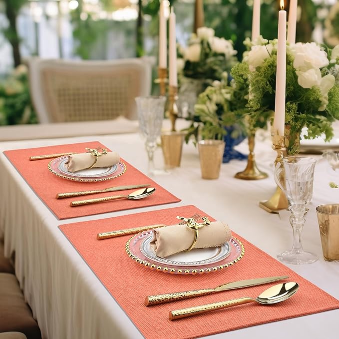 SLKQG Thanksgiving Linen Fabric Placemats Set of 4 - Heat Resistant & Machine Washable Table Mats for Holiday Dining, Double-Layered Placemats for Family Gatherings (4, Orange)