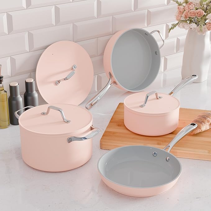 CIARRA Non Stick Frying Pan (10.2") & Ceramic Sauce Pan (3qt) - Non Toxic, PTFE & PFOA Free - Oven Safe & Compatible with All Stovetops, Pink