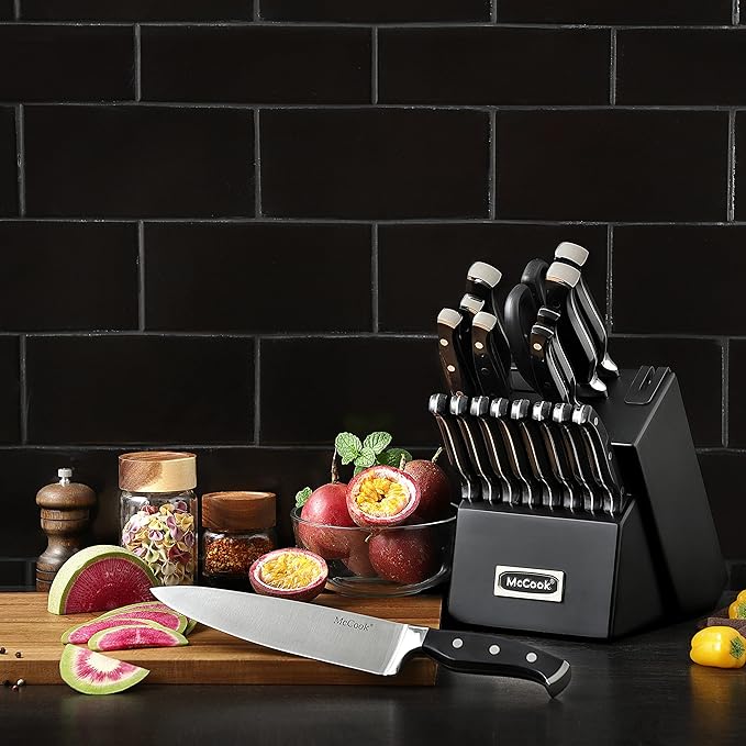 McCook짰 Black Knife Sets, German Stainless Steel Forged Kitchen Knives Block Set with Built-in Knife Sharpener