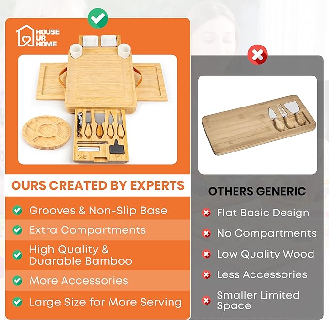 Large Bamboo Charcuterie Board Gift Set ??4 Hidden Drawers, Cheese Knives, Ceramic Bowls & Plates ??Perfect Christmas, Holiday, or Housewarming Gift