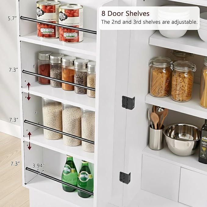 72" Tall Arched Kitchen Pantry Cabinet, Fluted Storage Cabinets with Hidden Drawer and 3 Adjustable Shelves, Cupboard with Door Shelves for Kitchen, Dining and Bathroom, White
