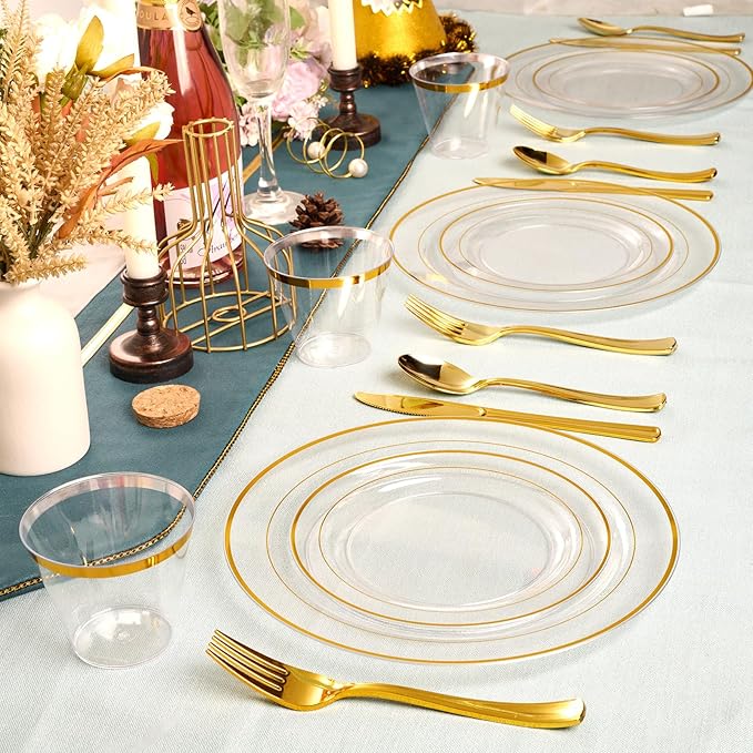 FOCUSLINE 7 Inch Small Clear Gold Plastic Plates 100 Count, Disposable Heavy Duty Clear Plates with Gold Rim, Premium Hard Plastic Plate Fancy Disposable Salad Plate for Wedding Parties