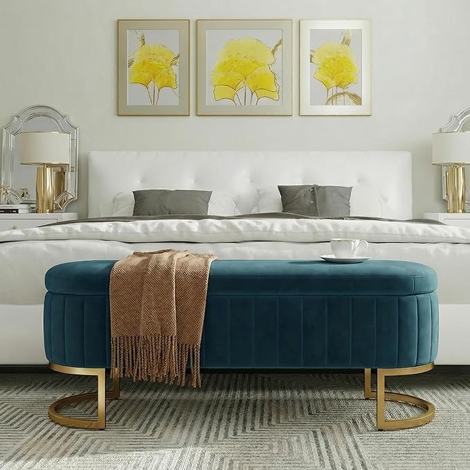 VIROL 51 Inch Storage Ottoman Bench Velvet End of Bed Storage Bench King Size Upholstered Tufted Bench Large Space for Bedroom Living Room Entryway Dark Blue