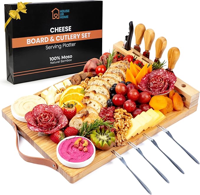 Bamboo Charcuterie Board Gift Set with Leather Handles, Knives, Wine Opener & Bowls ??Elegant for Hosts, Couples & New Homeowners
