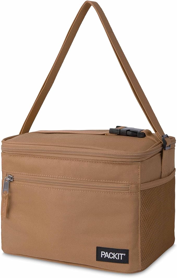 PackIt짰 Freezable Essential Cooler, Almond, Built with ECOFREEZE Technology, Fully Freezable, Collapsible, Reusable, With Removable Crossbody Strap, Top Clip Handle, Designed for Fresh Office