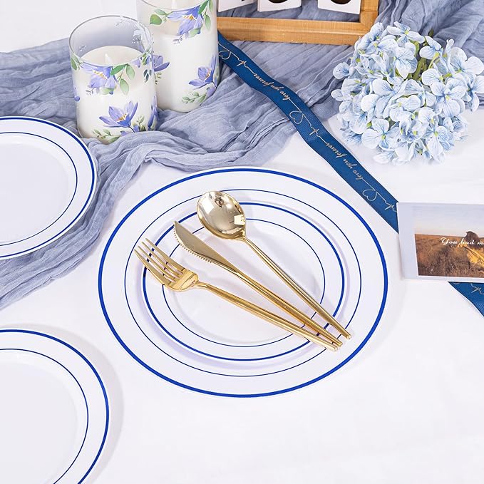 U-QE 100pcs Blue Plastic Plates for Party - Blue Plates Disposable Heavy Duty - Premium Plates Include 50 10" Dinner and 50 7" Dessert Plate, Perfect for Party, Wedding & Birthday