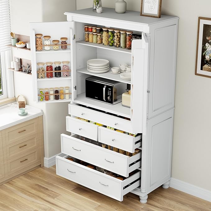 Merax 77" Tall Large Kitchen Pantry Storage Cabinet with 2 Doors & 2 Adjustable Shelves & 5 Drawers & 6 Side Door Shelves, Modern Freestanding Food Pantry for Dining Room, Living Room, White