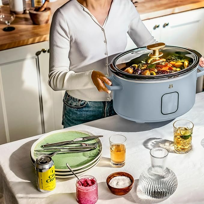 Beautiful 6 Quart Programmable Slow Cooker, 5 Cooking Presets, Digital Countdown Timer, Dishwasher Safe Parts by Drew Barrymore (Cornflower Blue)