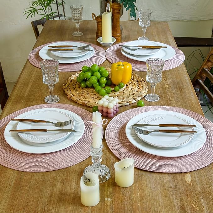 FunWheat Round Braided Placemats Set of 4 Table Mats for Dining Tables Woven Washable Non-Slip Place mats 15 inch(Peach Pink, 4pcs)